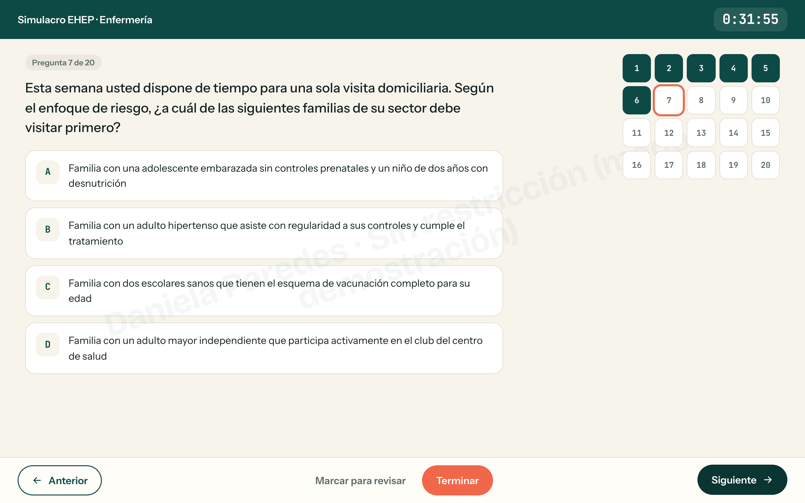 Simulacro en curso con reloj y mapa de preguntas
